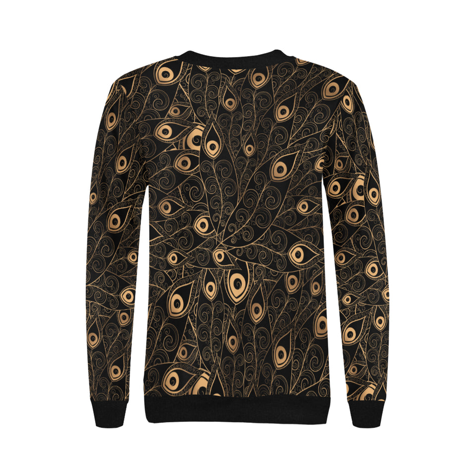 Gold peacock feather pattern Women's Crew Neck Sweatshirt