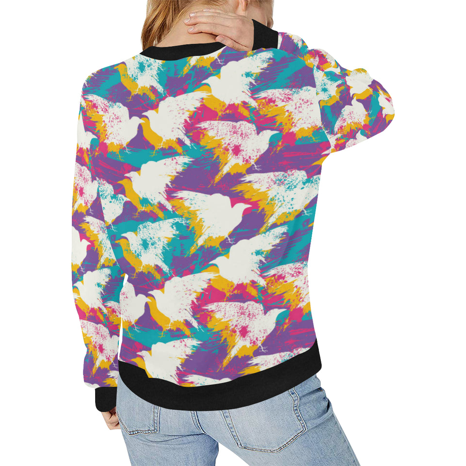 Colorful crow illustration pattern Women's Crew Neck Sweatshirt