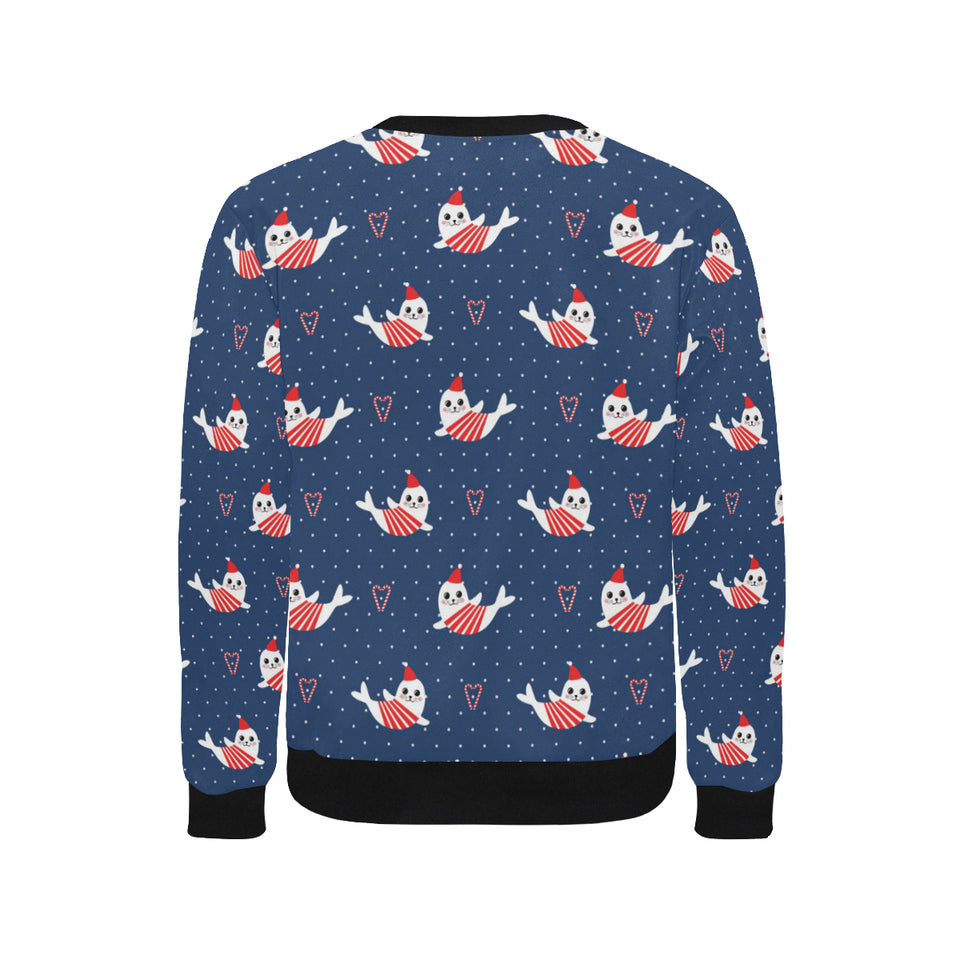 Cute sea lion seal christmas hat candy cane heart Men's Crew Neck Sweatshirt