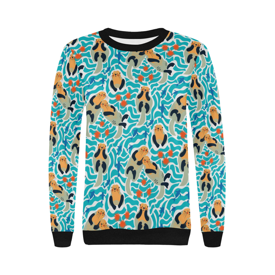 Cute sea otters fishe sea urchin pattern Women's Crew Neck Sweatshirt