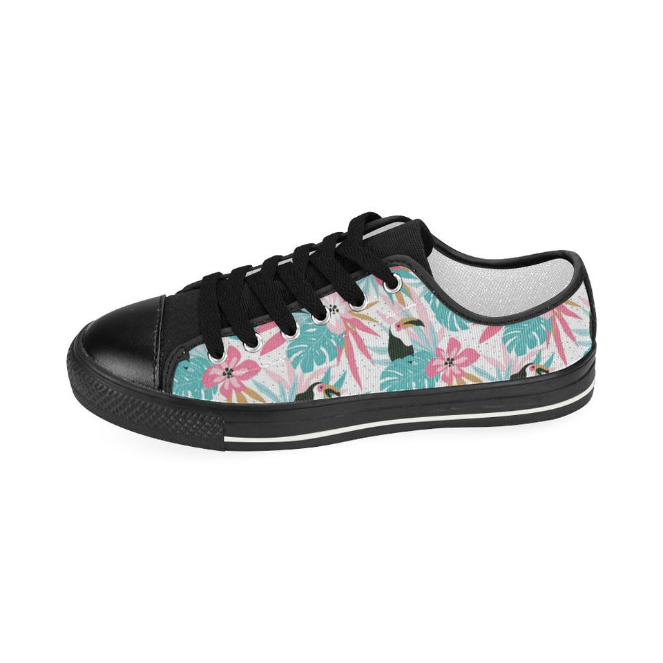 Toucan tropical flower leave pattern Kids' Boys' Girls' Low Top Canvas Shoes Black