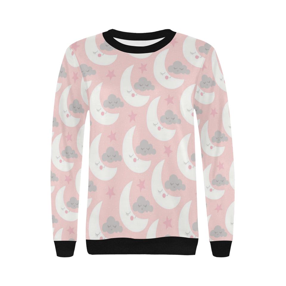 Cute moon cloud star pattern pink dot background Women's Crew Neck Sweatshirt