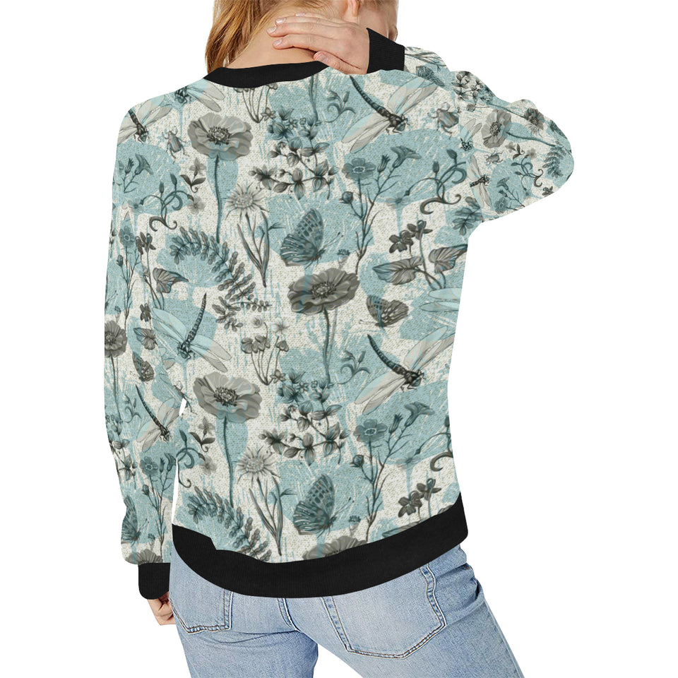 Dragonfly Butterfly Plants insect flower vintage s Women's Crew Neck Sweatshirt