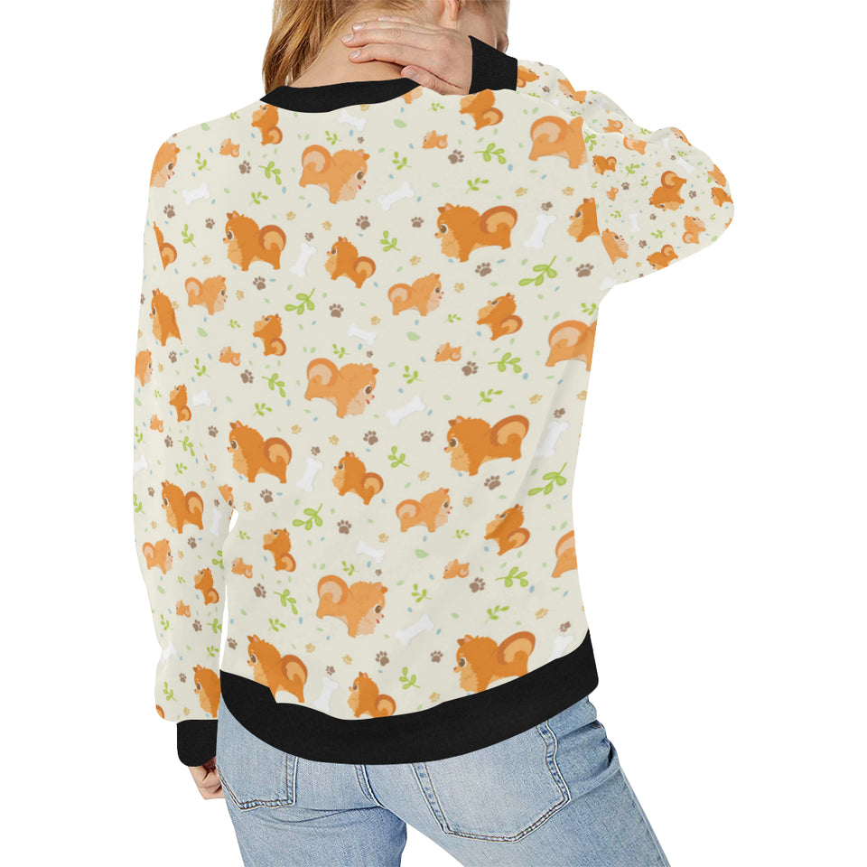 Cute brown pomeranian paw leave bone pattern Women's Crew Neck Sweatshirt