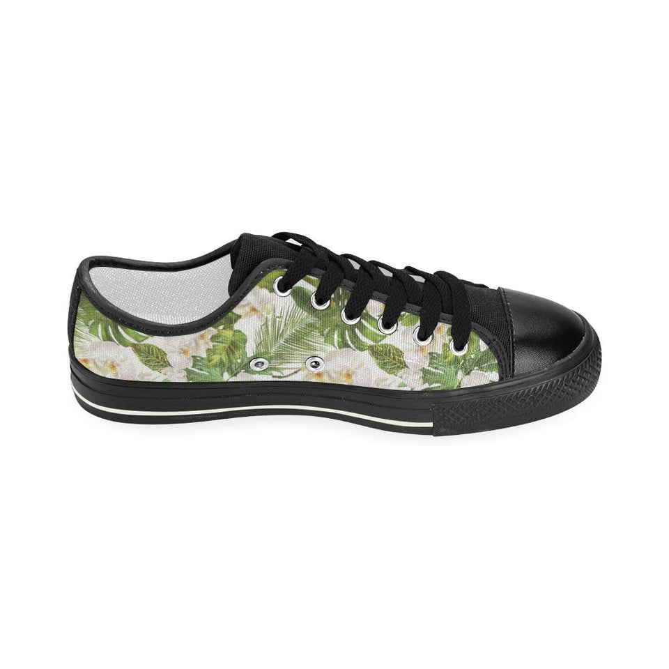 White orchid flower tropical leaves pattern Kids' Boys' Girls' Low Top Canvas Shoes Black