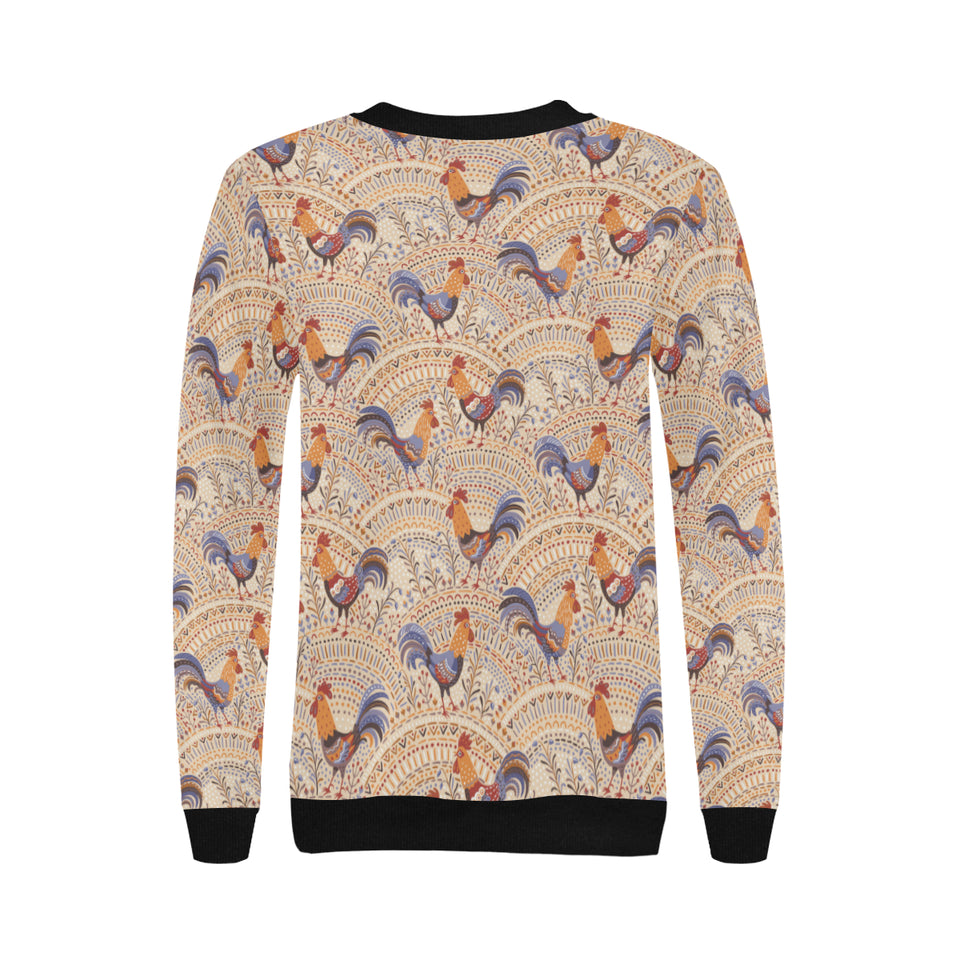 Cute rooster chicken cock floral ornament backgrou Women's Crew Neck Sweatshirt