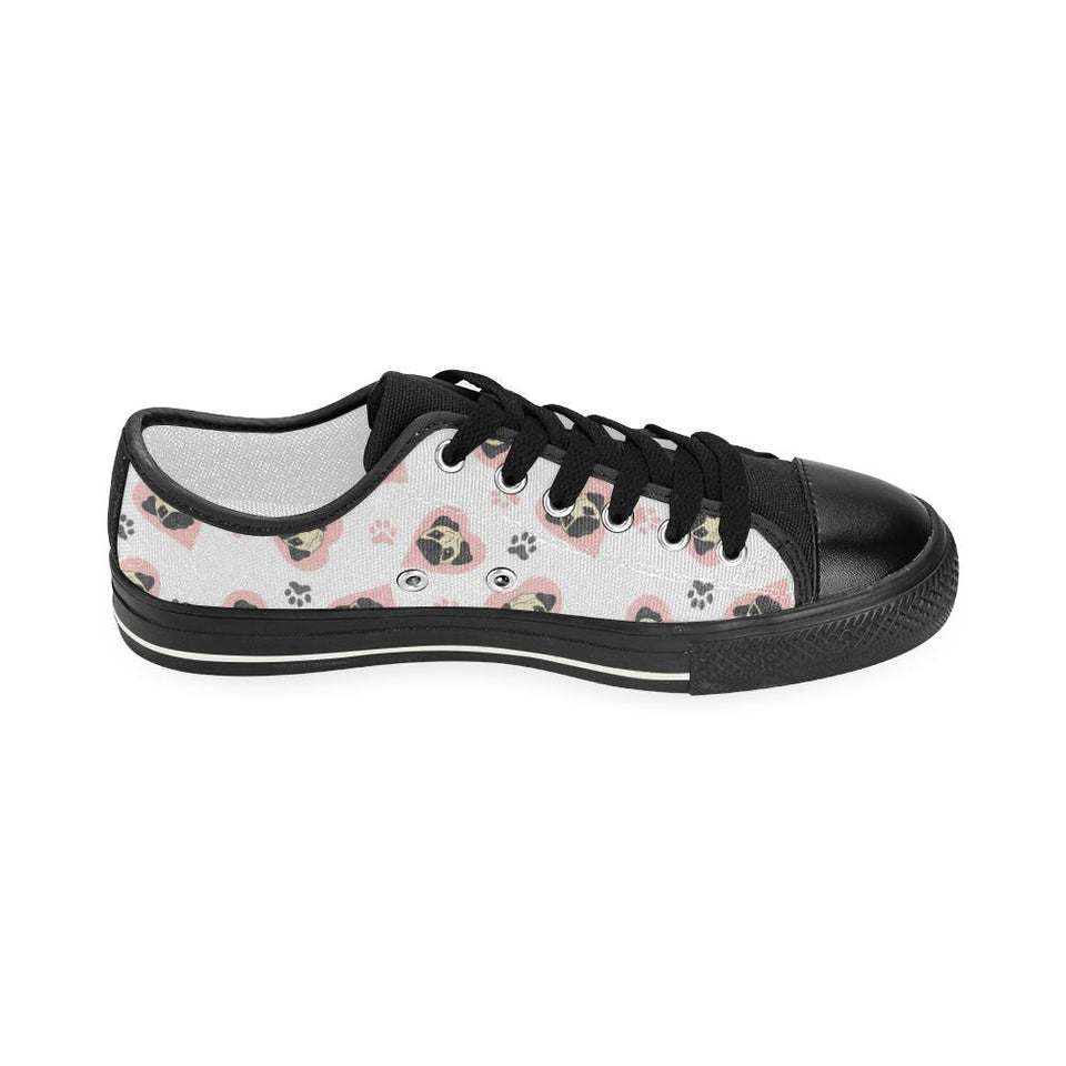Cute pugs pink heart paw pattern Kids' Boys' Girls' Low Top Canvas Shoes Black