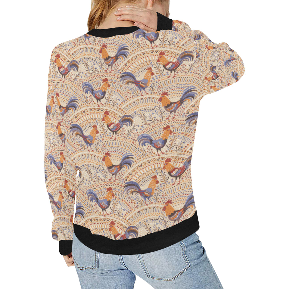Cute rooster chicken cock floral ornament backgrou Women's Crew Neck Sweatshirt