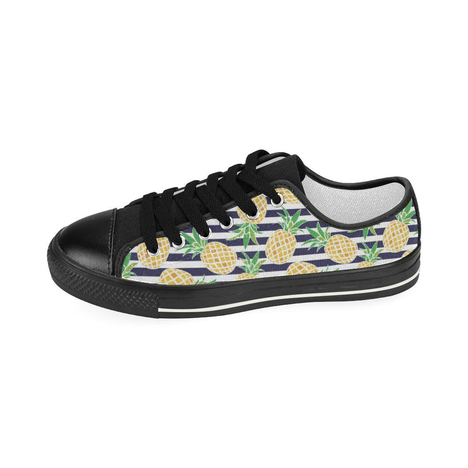 Pineapples pattern striped background Kids' Boys' Girls' Low Top Canvas Shoes Black