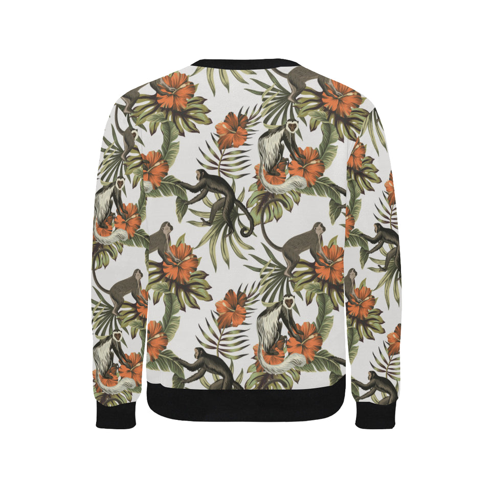 Monkey red hibiscus flower palm leaves floral patt Men's Crew Neck Sweatshirt