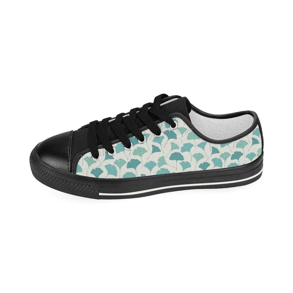 Green ginkgo leaves pattern Kids' Boys' Girls' Low Top Canvas Shoes Black