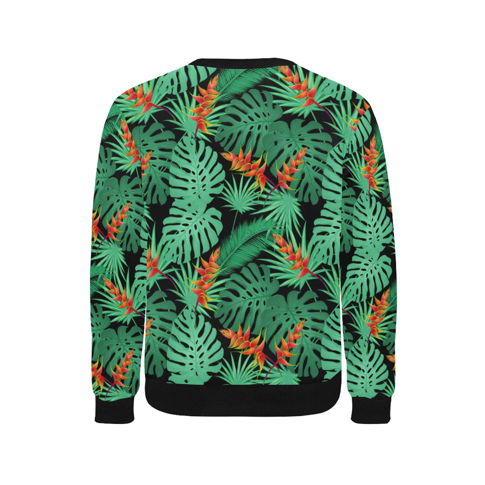 heliconia flower palm monstera leaves black backgr Men's Crew Neck Sweatshirt