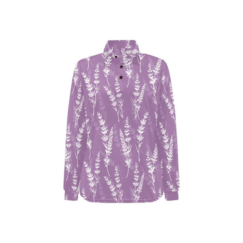 Lavender flowers purple pattern Women's Long Sleeve Polo Shirt