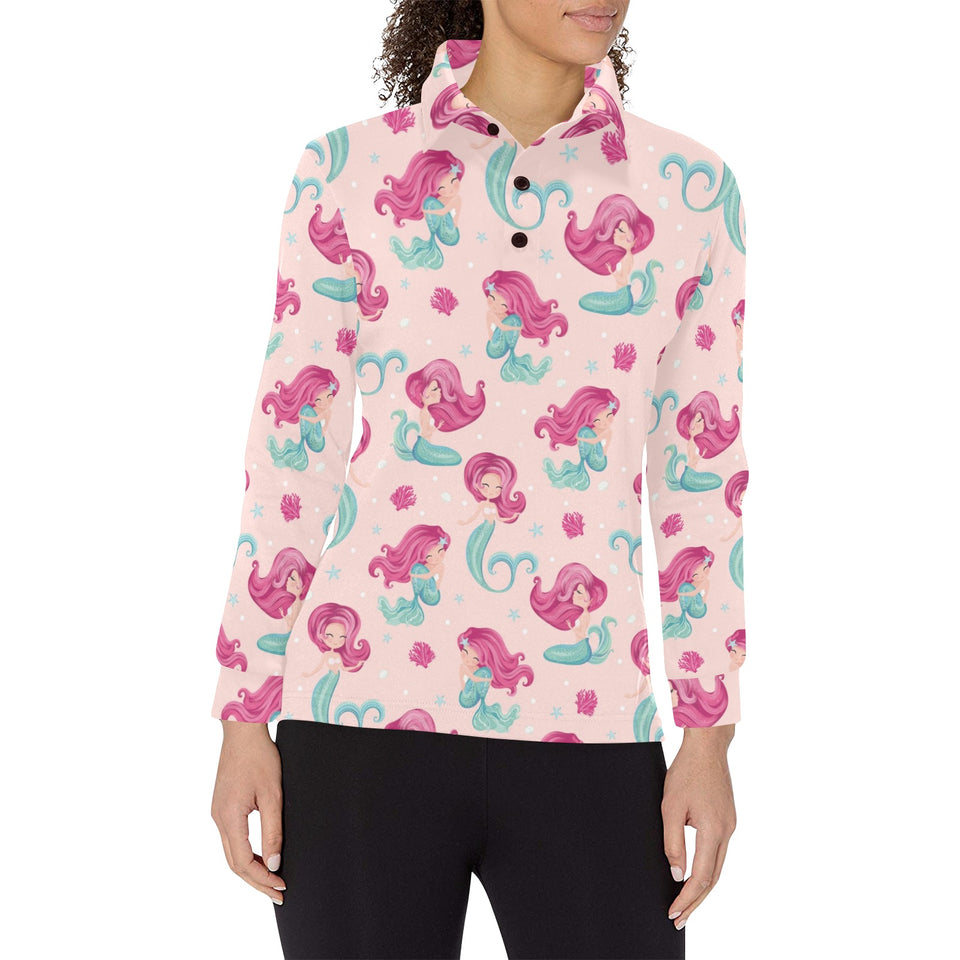 Cute little mermaid pattern Women's Long Sleeve Polo Shirt