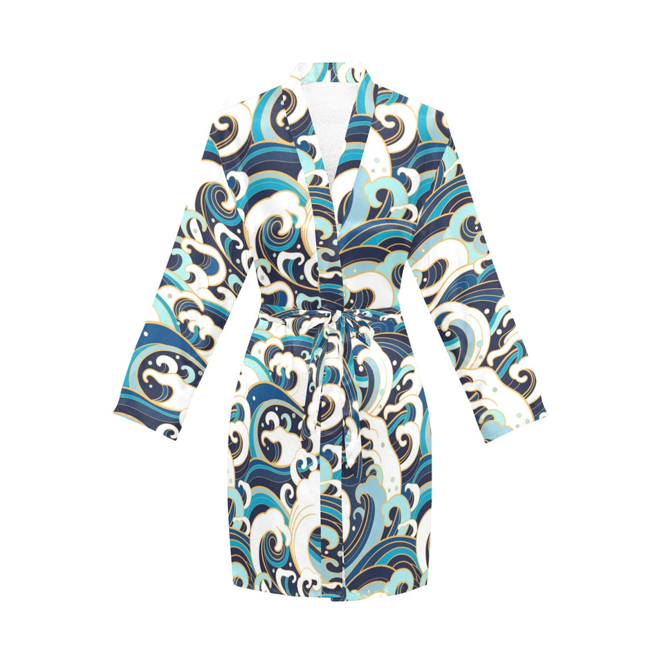 Japanese wave pattern Women's Long Sleeve Belted Night Robe
