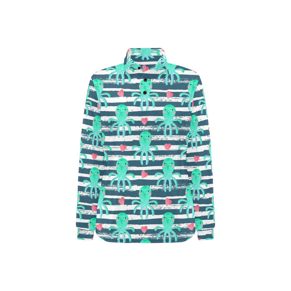 Cute octopuses heart striped background Women's Long Sleeve Polo Shirt