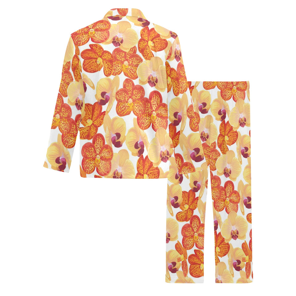 Orange yellow orchid flower pattern background Men's Long Pajama Set