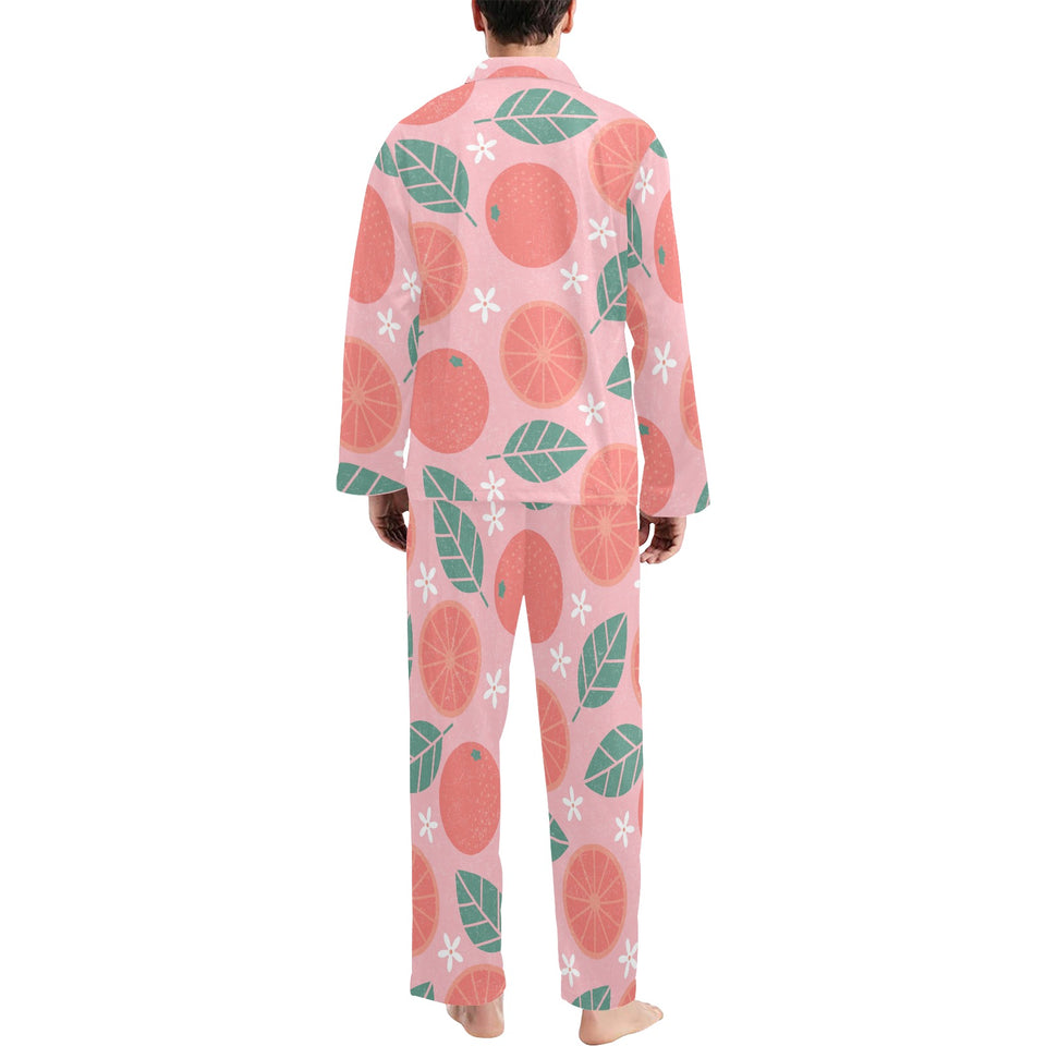 Grapefruit leaves flower pink background Men's Long Pajama Set