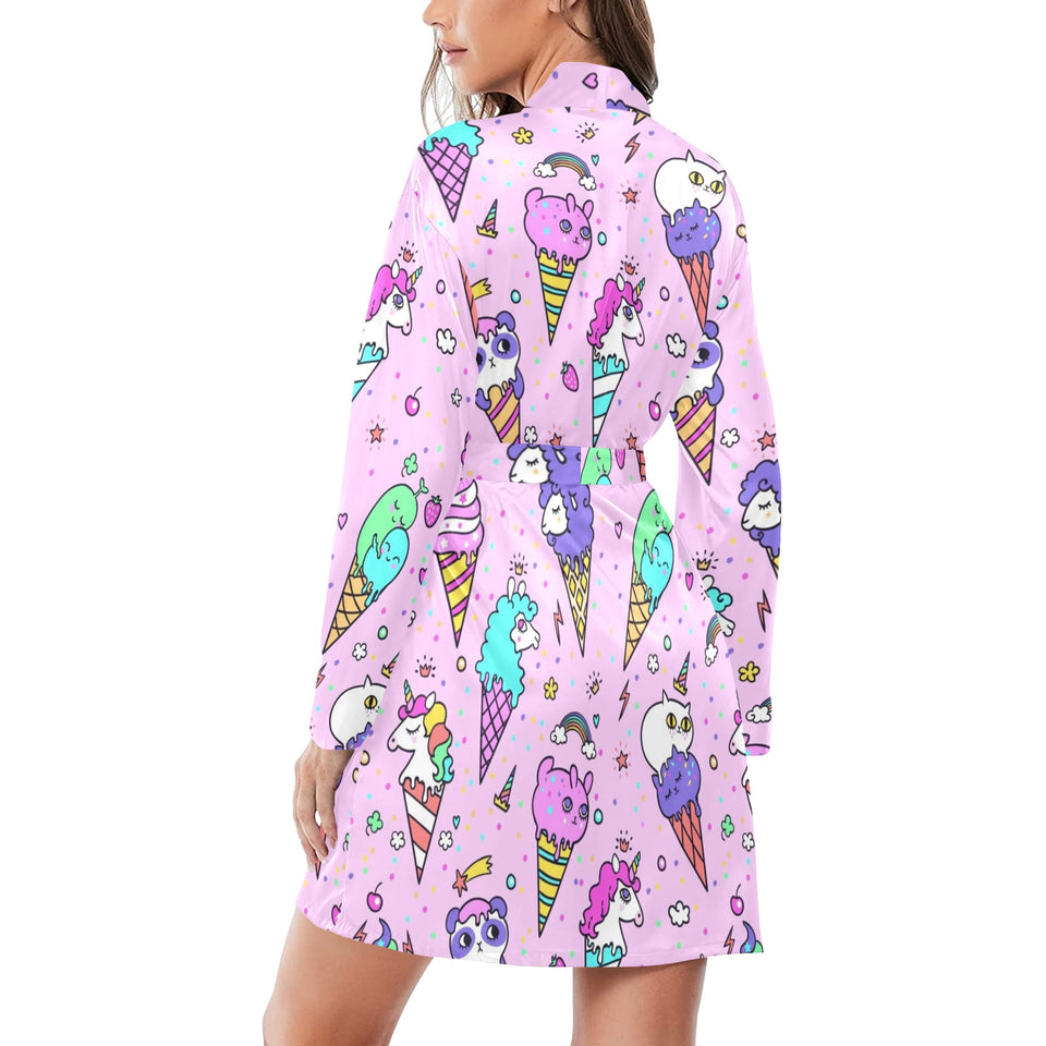 Cute ice cream cone animal pattern Women's Long Sleeve Belted Night Robe