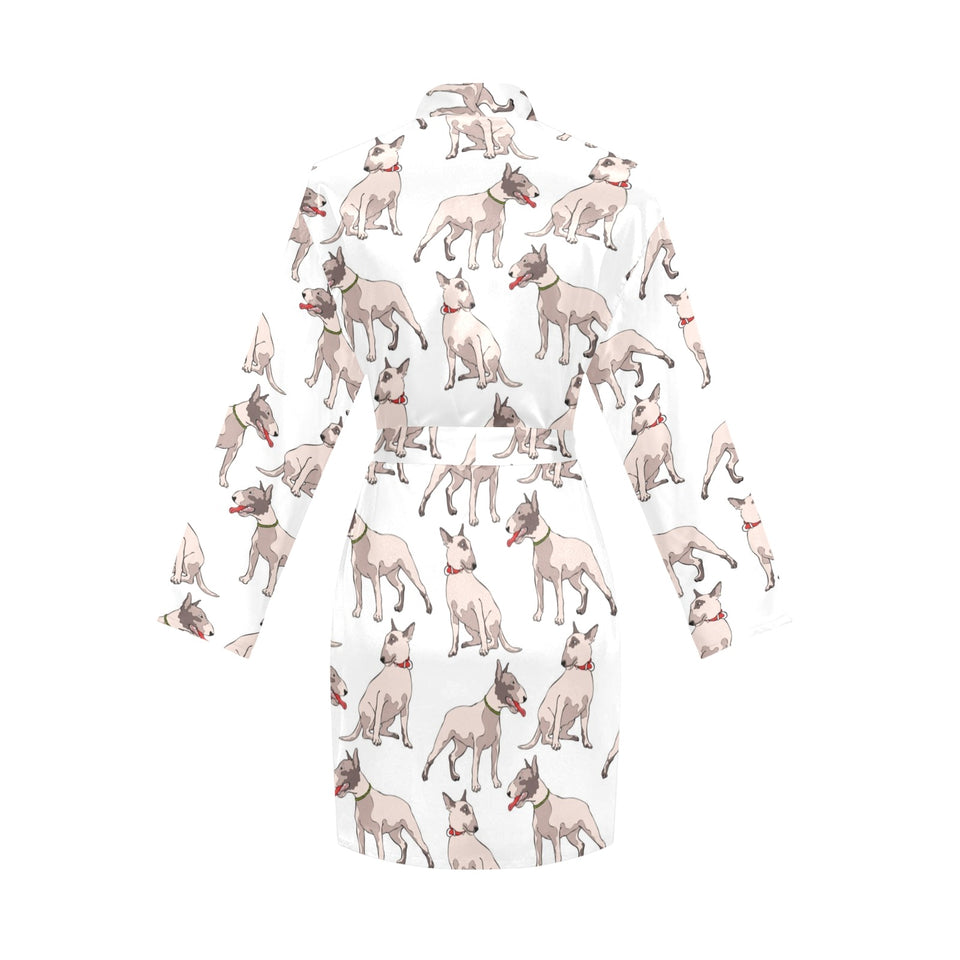 Bull Terrier Pattern Print Design 04 Women's Long Sleeve Belted Night Robe