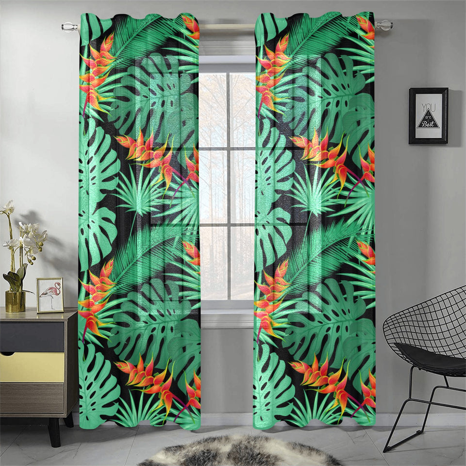 heliconia flower palm monstera leaves black backgr Gauze Curtain