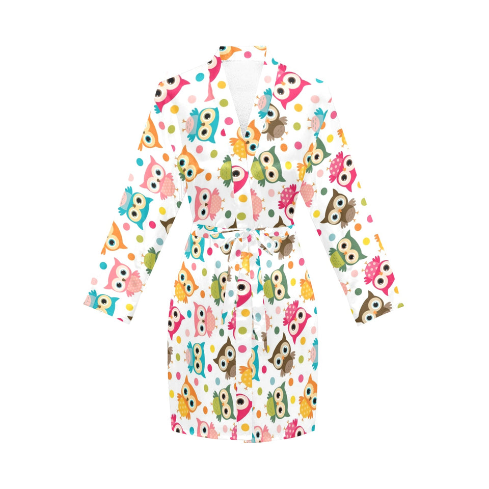 Color cute owl pattern Women's Long Sleeve Belted Night Robe