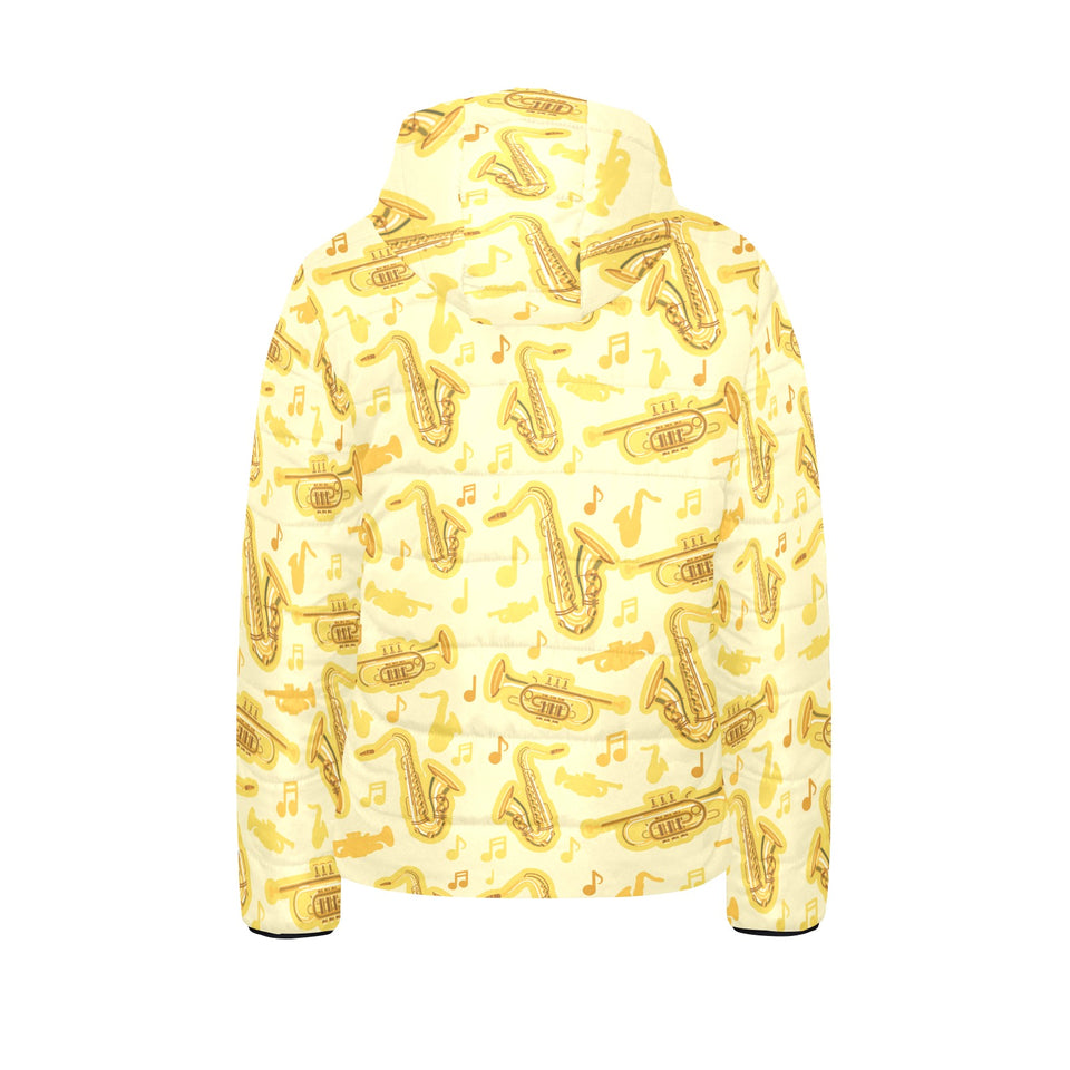 Saxophone cornet pattern yellow background Kids' Boys' Girls' Padded Hooded Jacket