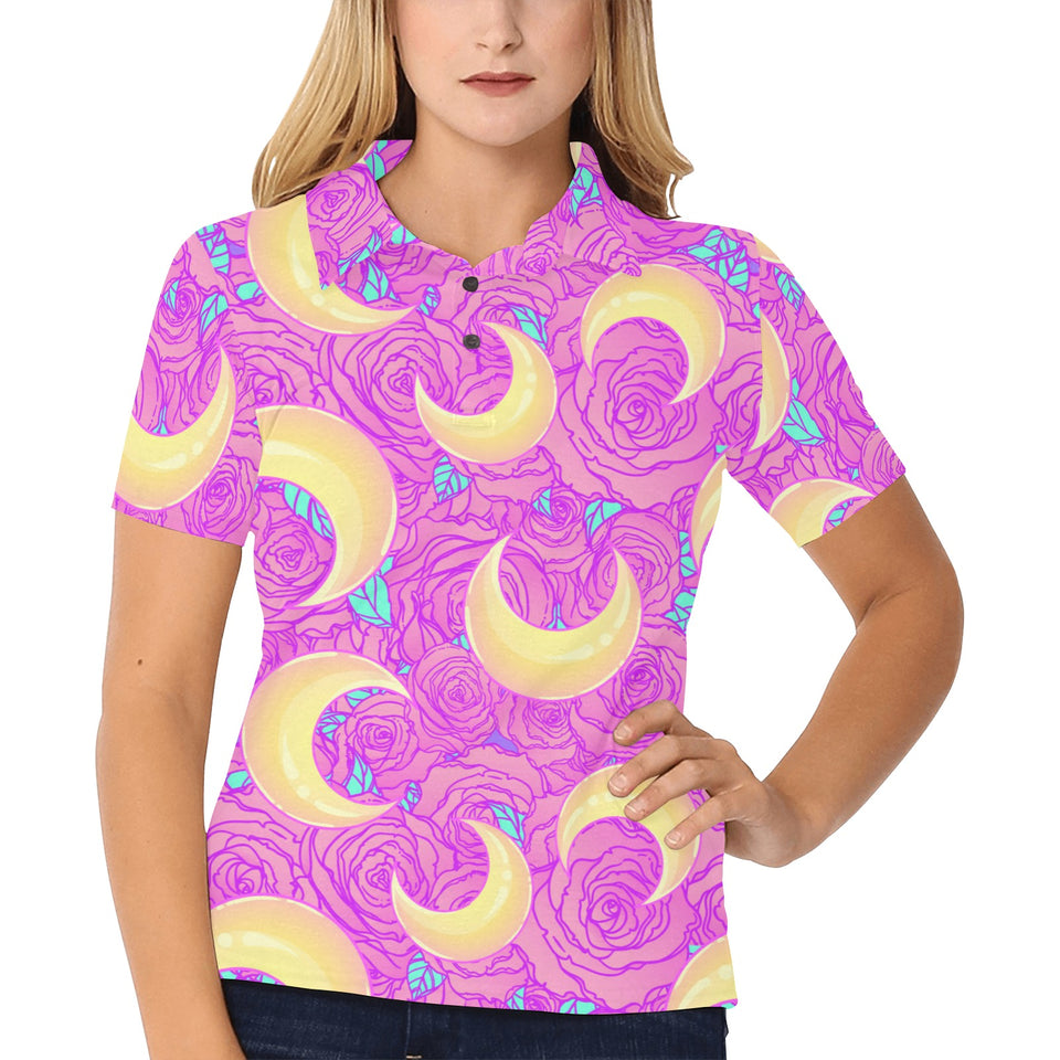 Moon pink rose background Women's All Over Print Polo Shirt