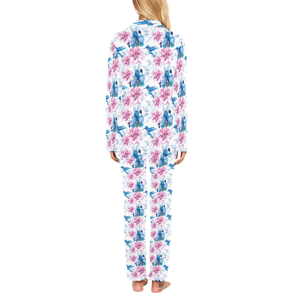 Hummingbird Pattern Print Design 02 Women's Long Pajama Set