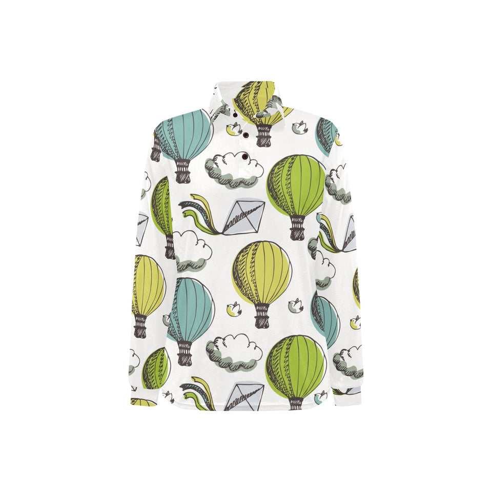 Hot Air Balloon Bird Cloud Pattern Women's Long Sleeve Polo Shirt