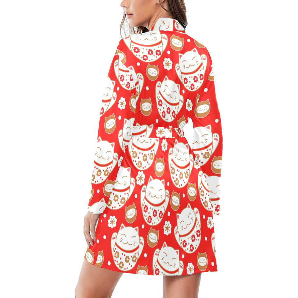 Cute Maneki neko cat red background Women's Long Sleeve Belted Night Robe