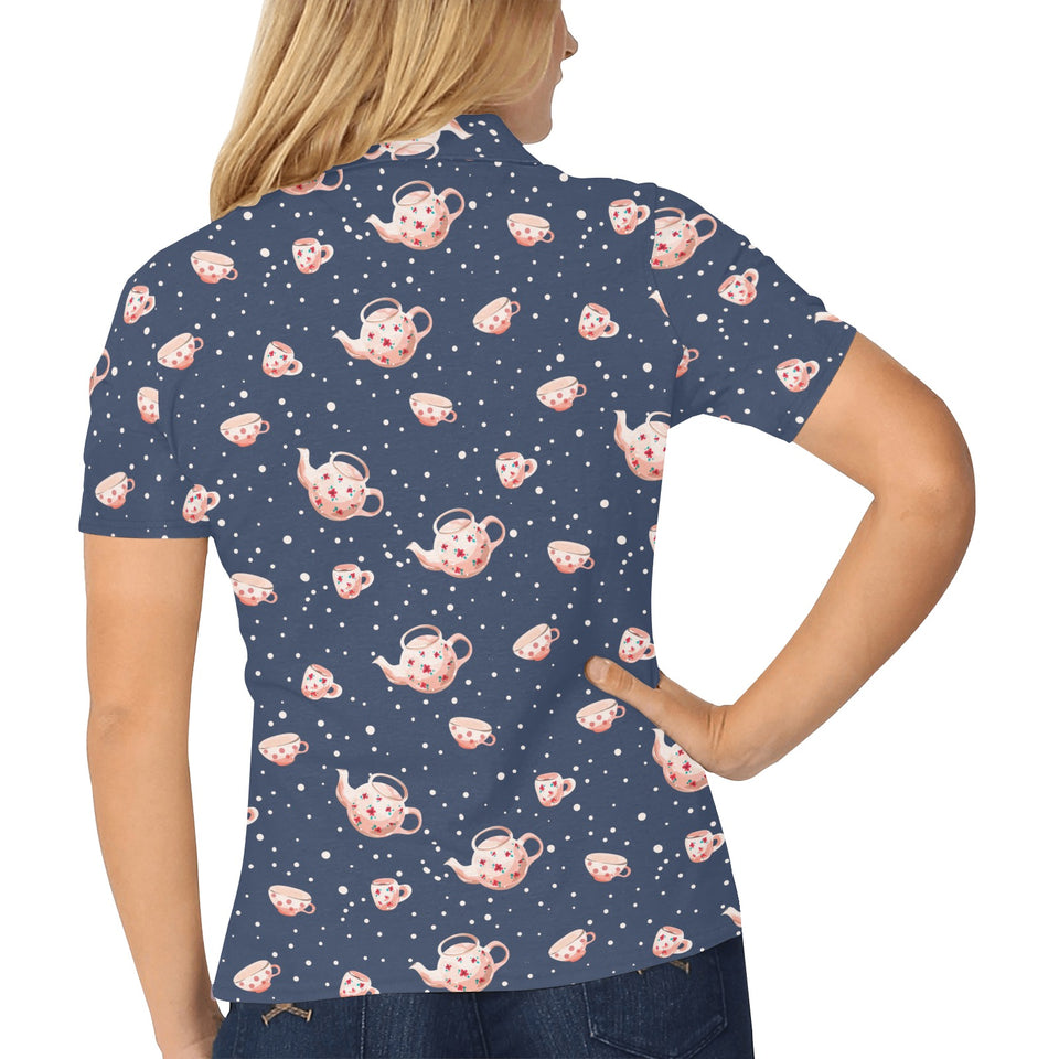 Tea pots Pattern Print Design 04 Women's All Over Print Polo Shirt