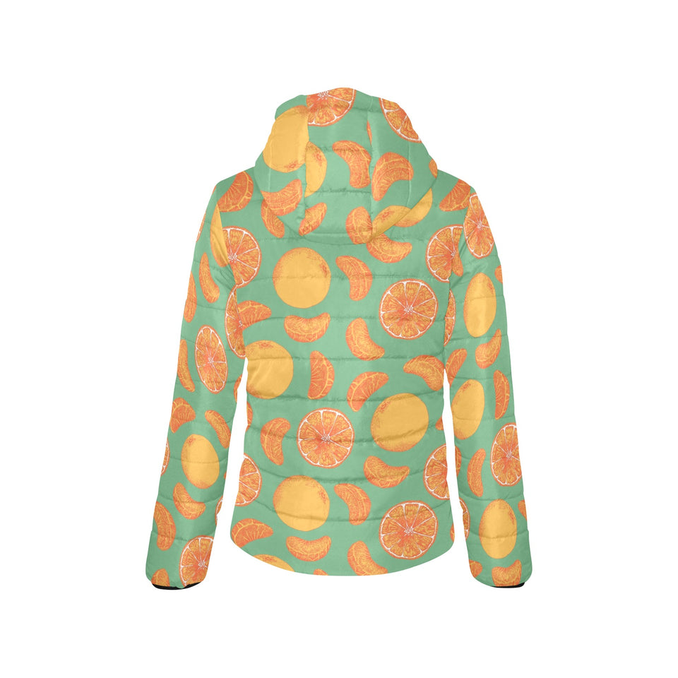 orange fruit pattern green background Women's Padded Hooded Jacket