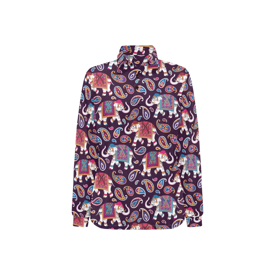 Elephant indian style ornament pattern Women's Long Sleeve Polo Shirt