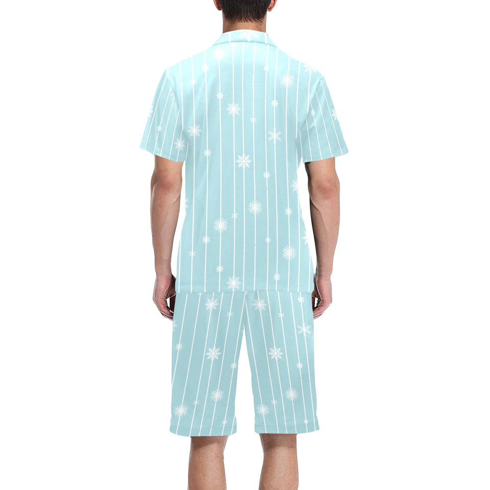 Snowflake pattern blue stripe background Men's V-Neck Short Pajama Set