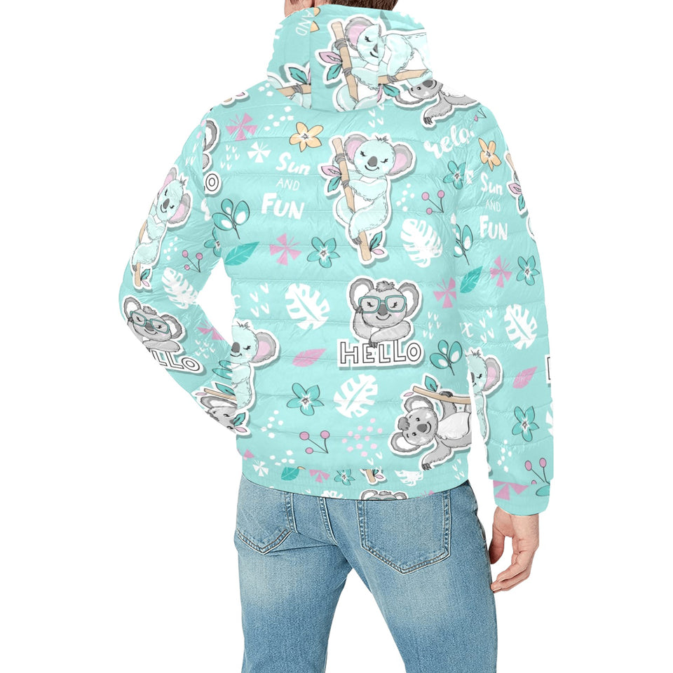 Cute koalas blue background pattern Men's Padded Hooded Jacket