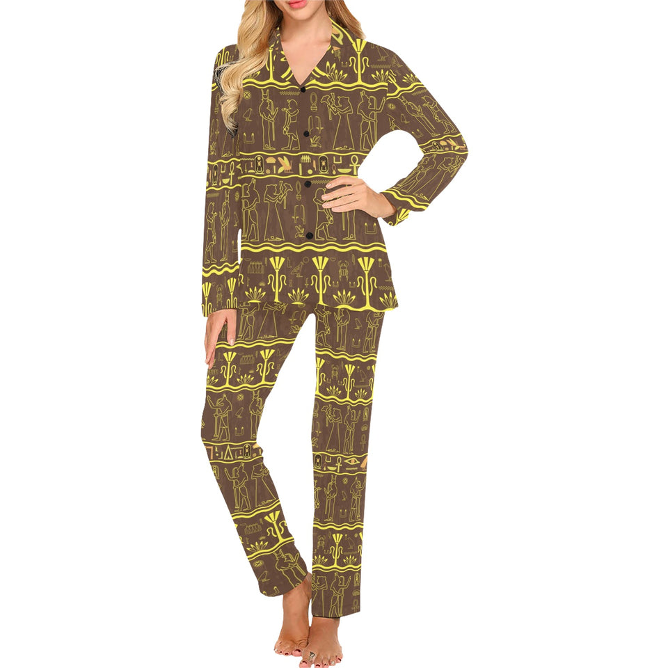 Egypt Hieroglyphics Pattern Print Design 03 Women's Long Pajama Set