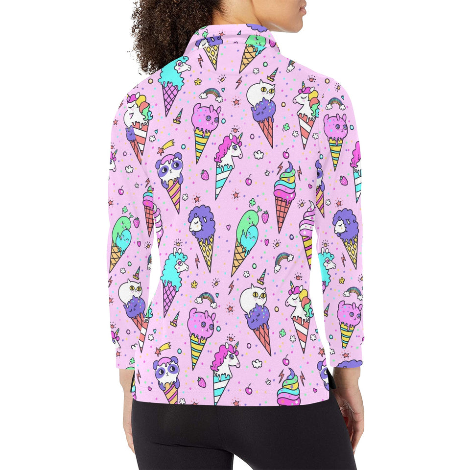 Cute ice cream cone animal pattern Women's Long Sleeve Polo Shirt