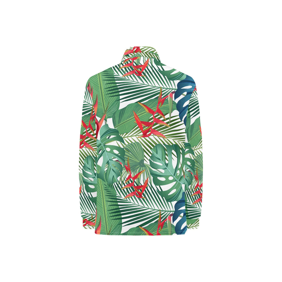 heliconia palm and monstera leaves pattern Women's Long Sleeve Polo Shirt
