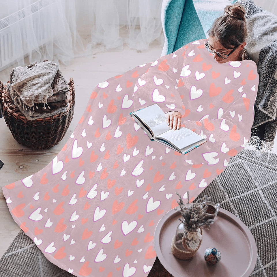 coral white heart pattern Blanket Robe with Sleeves