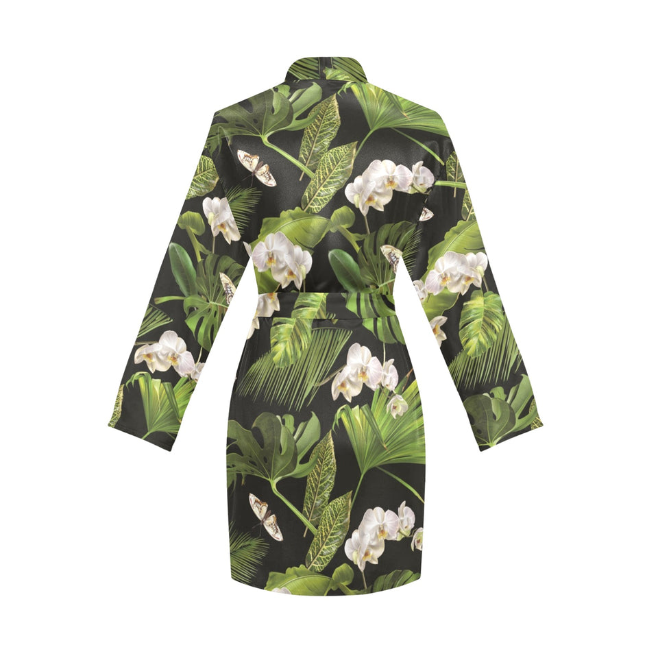 White orchid flower tropical leaves pattern blackg Women's Long Sleeve Belted Night Robe
