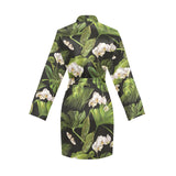 White orchid flower tropical leaves pattern blackg Women's Long Sleeve Belted Night Robe