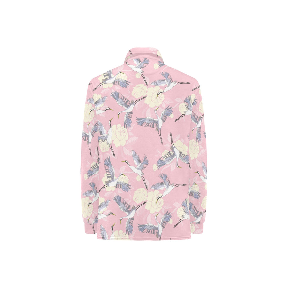 Japanese crane rose pattern Women's Long Sleeve Polo Shirt