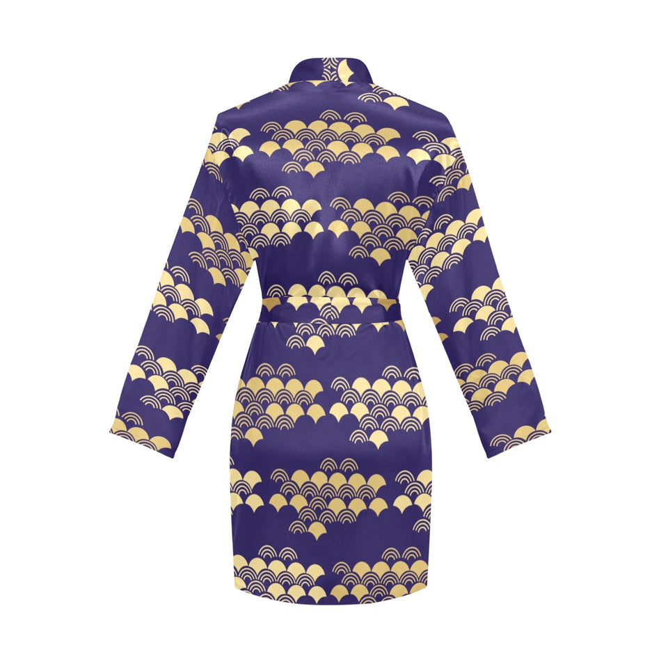 Beautiful japanese fan pattern Women's Long Sleeve Belted Night Robe