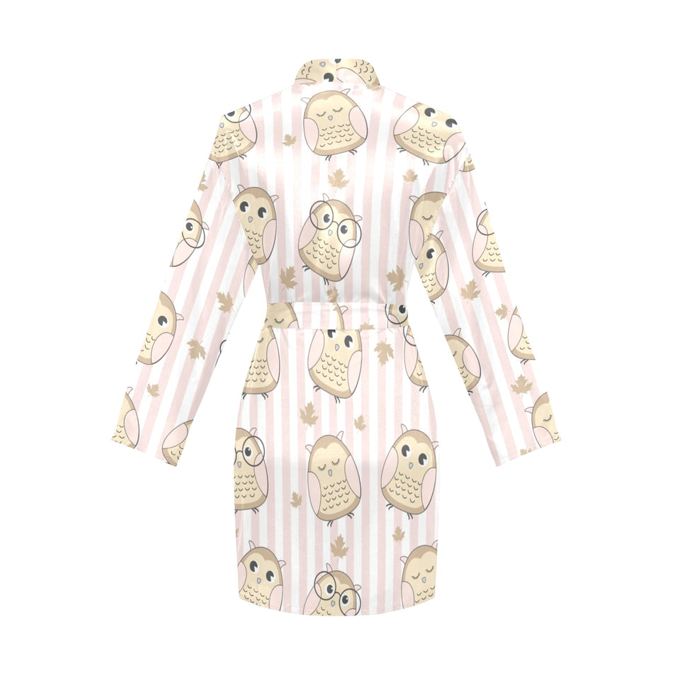 cute owl leaf Women's Long Sleeve Belted Night Robe