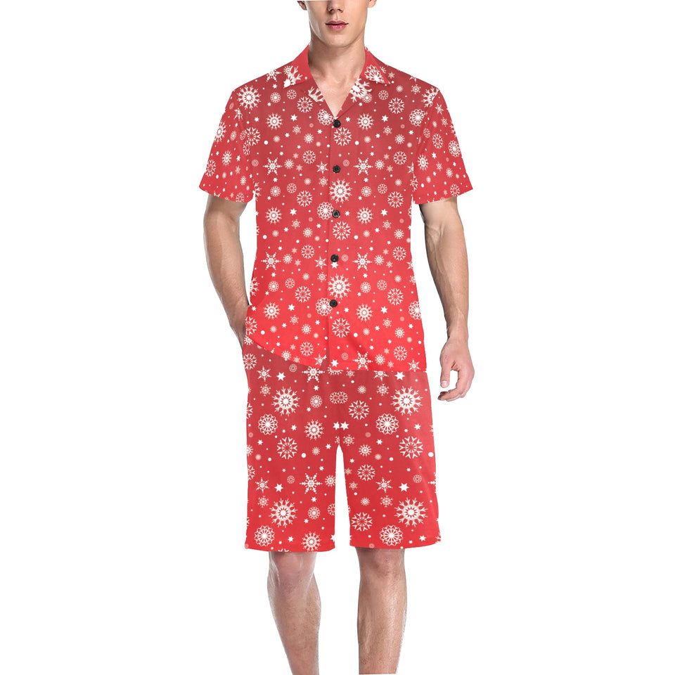 Snowflake pattern red background Men's V-Neck Short Pajama Set
