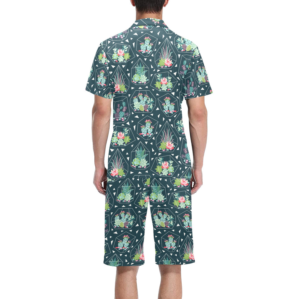 Cactus glass terrarium pattern Men's V-Neck Short Pajama Set
