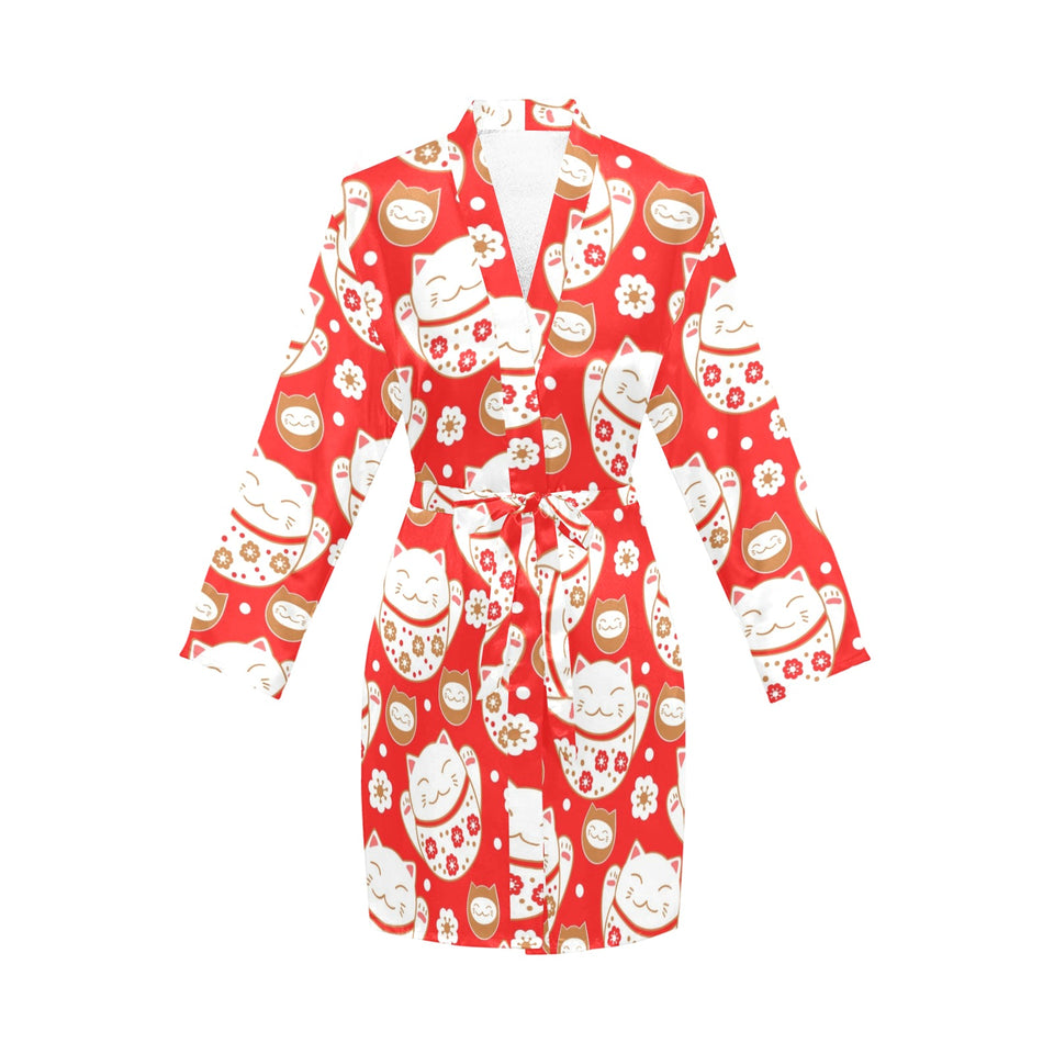 Cute Maneki neko cat red background Women's Long Sleeve Belted Night Robe