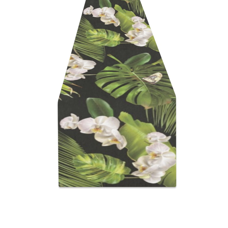 White orchid flower tropical leaves pattern blackg Table Runner