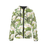 White orchid flower tropical leaves pattern Women's Padded Hooded Jacket